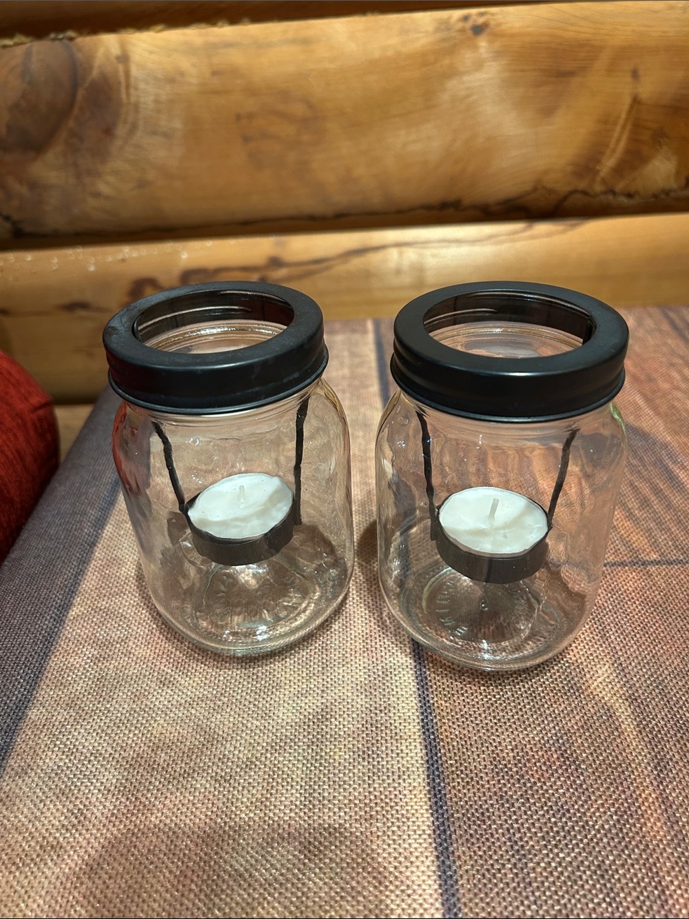Pair of Glass Mason Jar Candle Holders with Black Lids